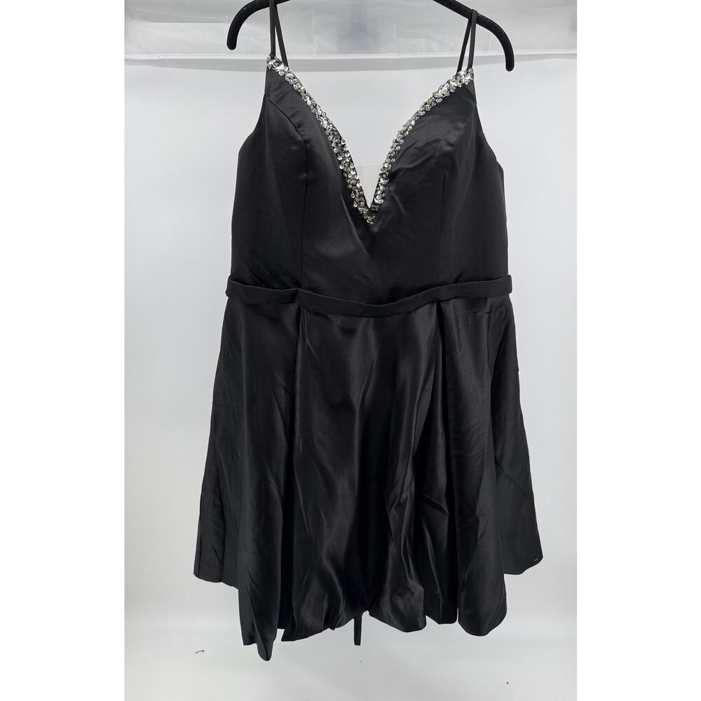 Black Satin Rhinestone Trim Lace Up Cocktail Party Dress Mini Size 22